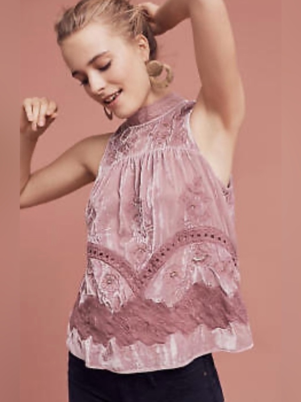 Anthropologie Pink Velvet Embroidered Halter Camisole
